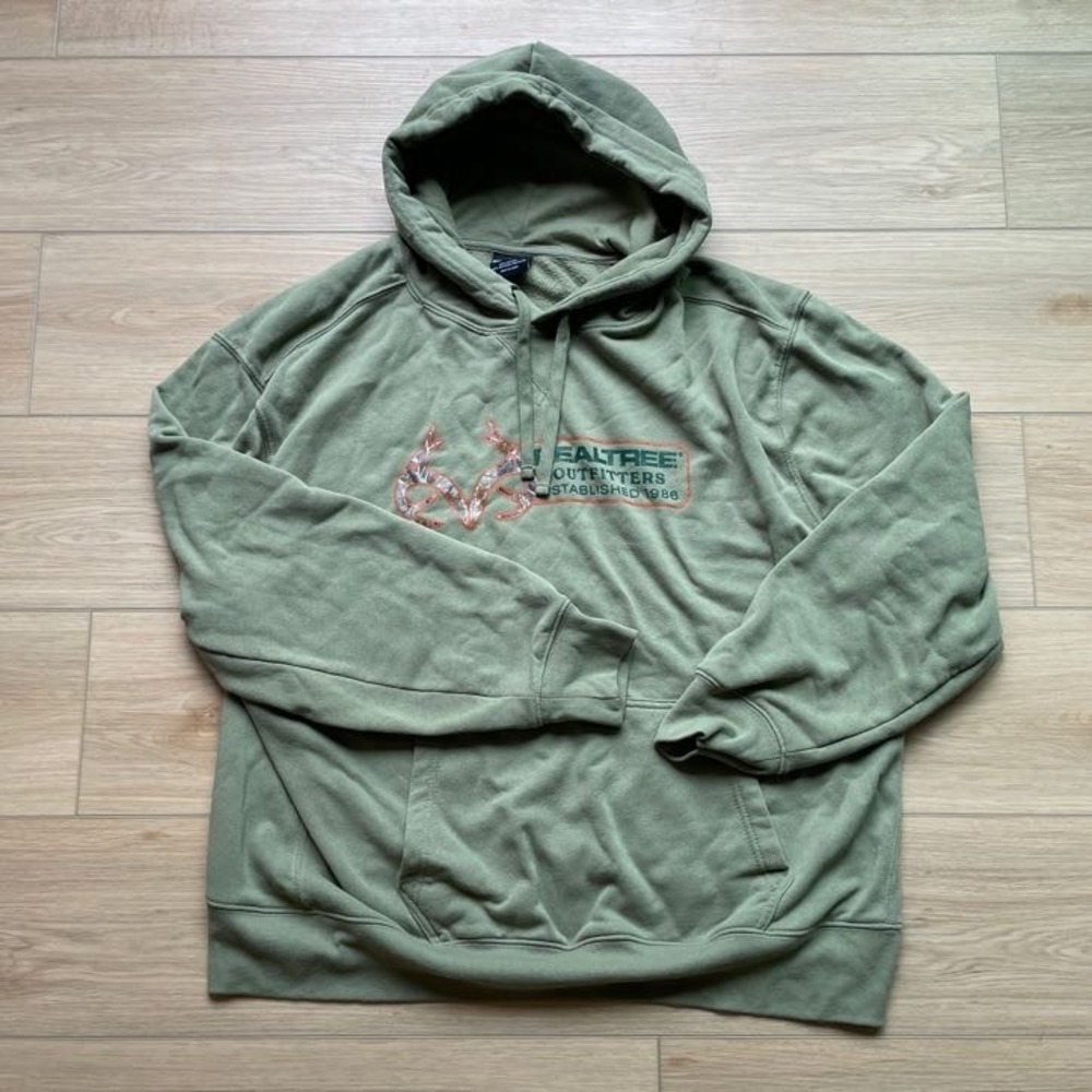 Realtree Outfitters Mens XL Olive Green Graphic Logo Pullover Hoodie Camo Antler